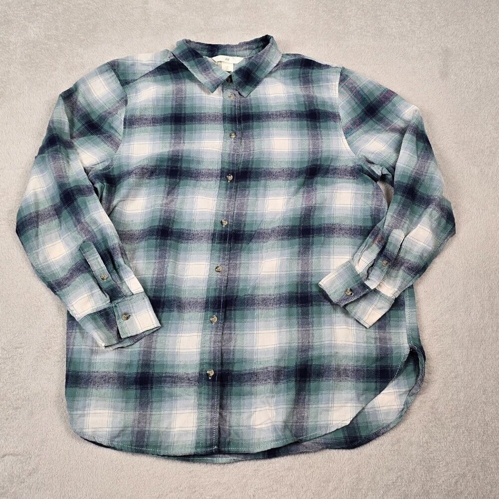 H and M Flannel Shirt Womens Large Green Blue Plaid Fall Cozy Camping Autumn